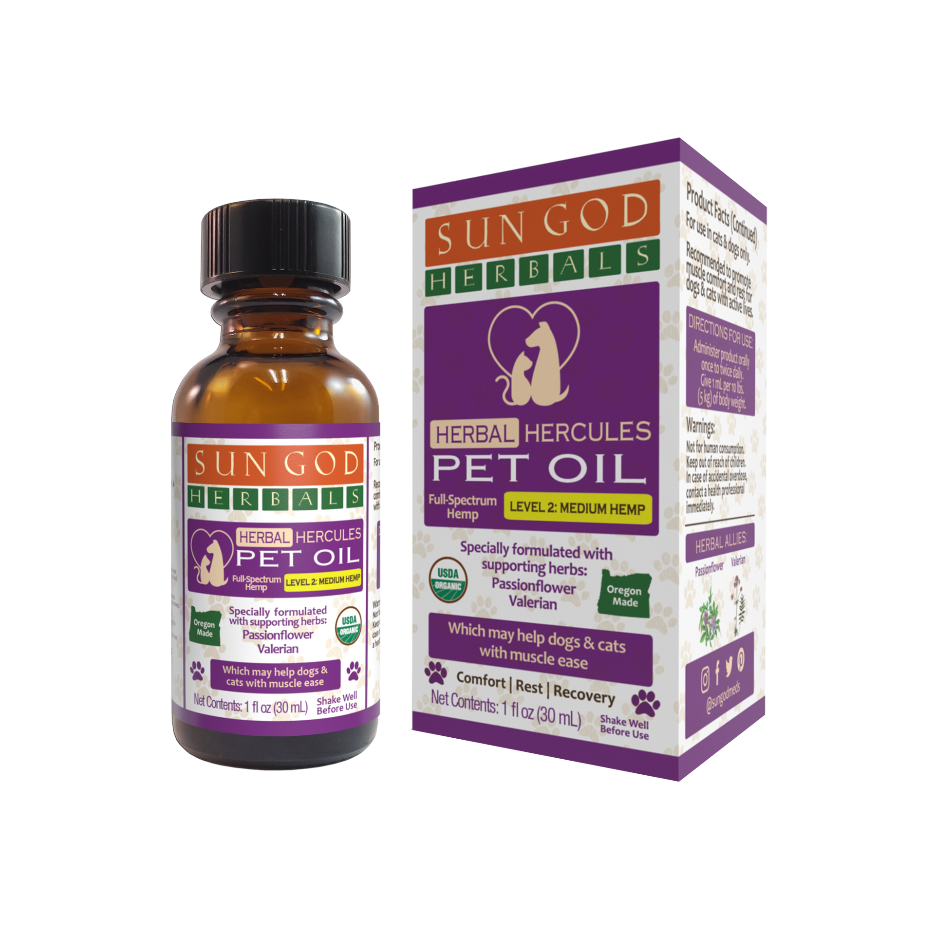 Sun God Medicinals - Organic Hercules Hemp Pet Oil – Herbal Support for Muscles  250 mg CBD