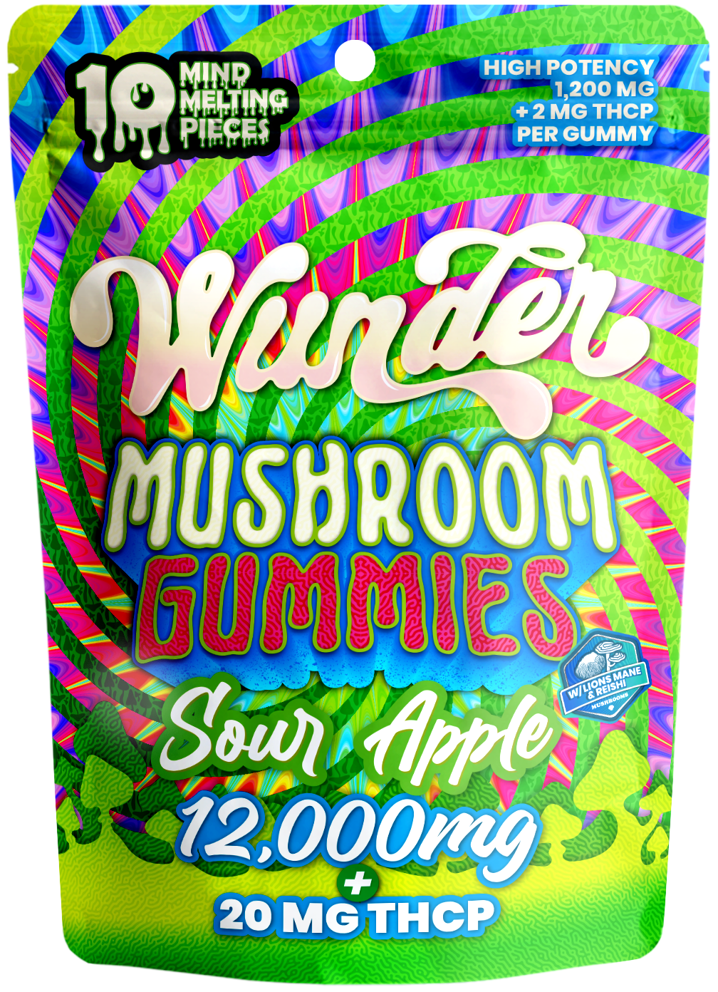 Wunder High Potency Mushroom Gummies — Sour Apple (12,000 mg blend)